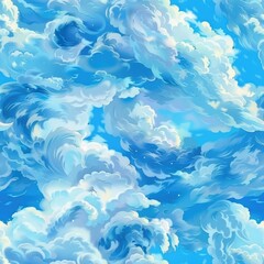 A serene painting of a blue sky with fluffy white clouds. Perfect for adding a touch of nature to any space