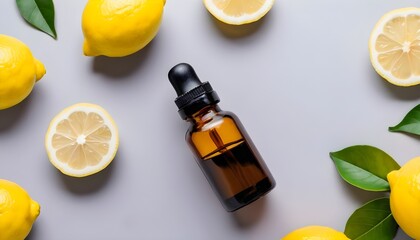 Lemon Essential oil with some leaves. Fresh, Aesthetic. wellness, wellbeing.