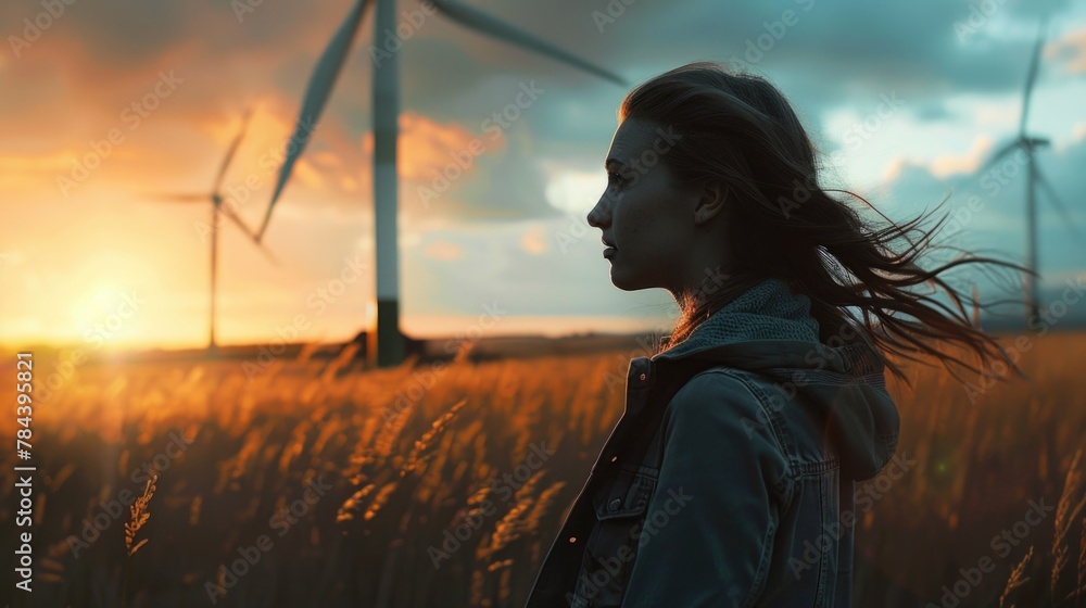 Poster a woman standing in a field with wind turbines in the background. suitable for renewable energy conc