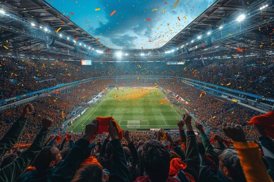 Fans in a packed stadium celebrate with excitement during an intense soccer game