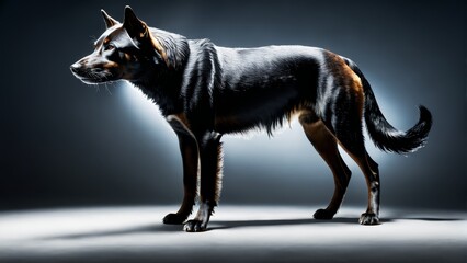   A black-and-brown dog atop a white-and-black checkered floor Nearby, a black wall and a black-and-white backdrop