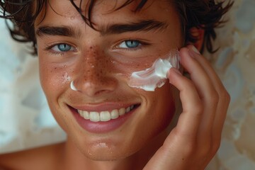 Teenage boy with damp hair and a sunny smile applies sunscreen on his face