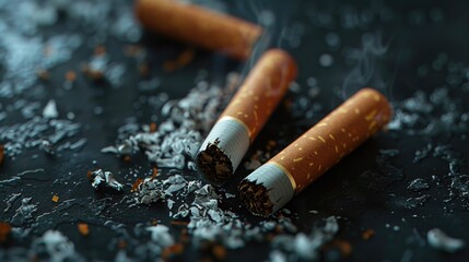 Two cigarettes placed on a table, suitable for smoking or addiction concept - obrazy, fototapety, plakaty