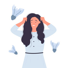 Sad woman upset because of broken dark light bulbs, bad business idea vector illustration