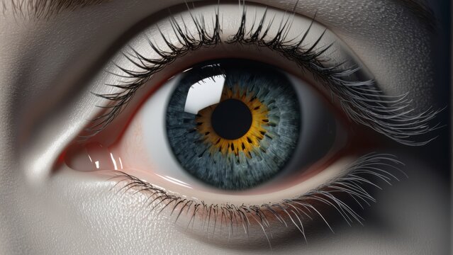   A tight shot of a person's eye, displaying a blue and yellow iris at its core