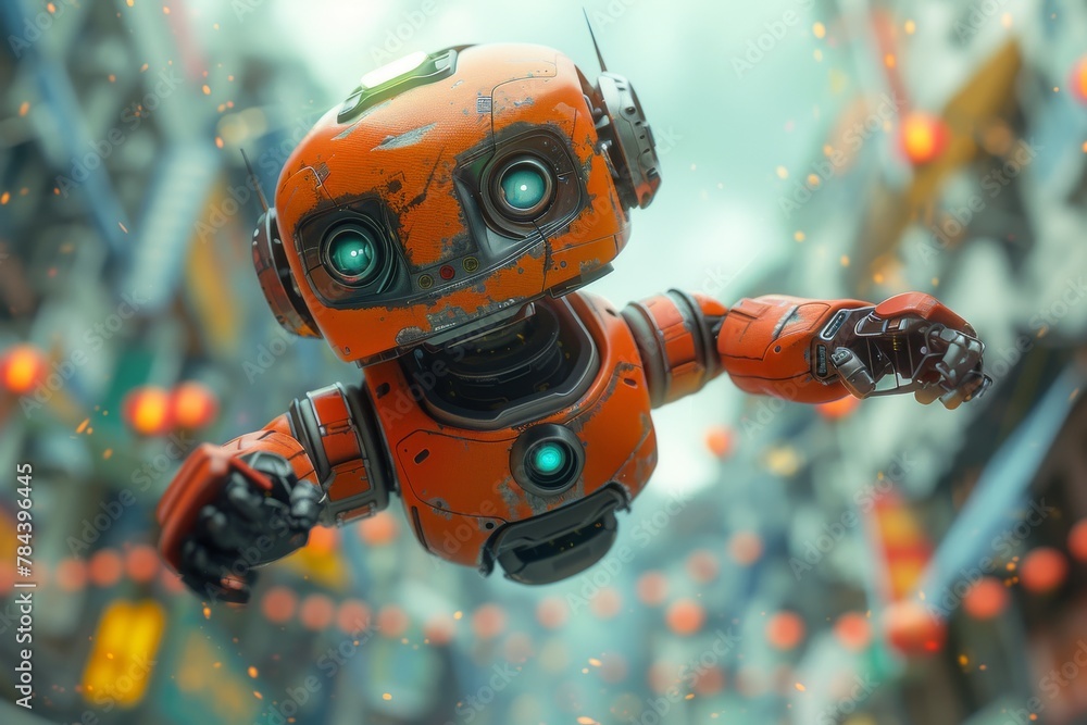 Poster a futuristic robot with a friendly face floating amidst shimmering particles and vibrant colors