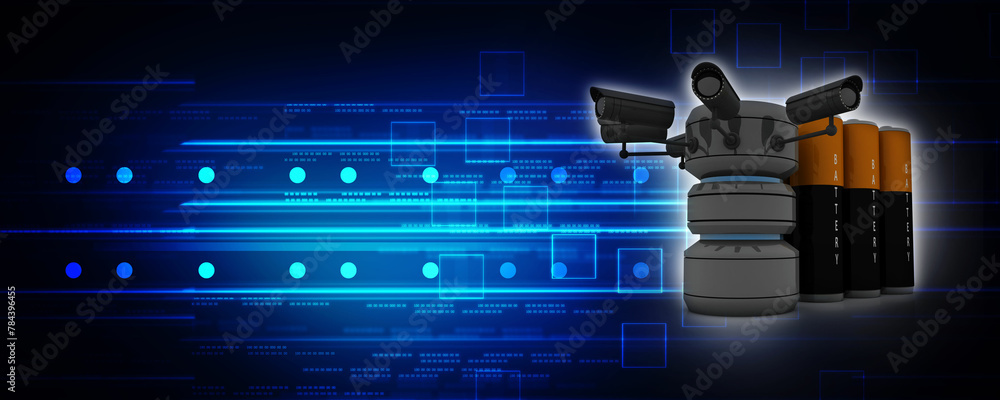 Poster 3d rendering surveillance cctv security camera connected database near battery