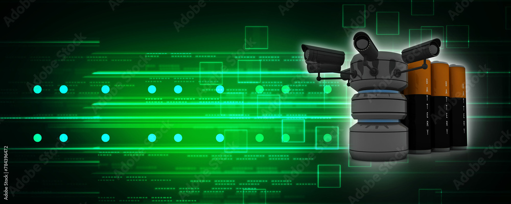 Poster 3d rendering surveillance cctv security camera connected database near battery