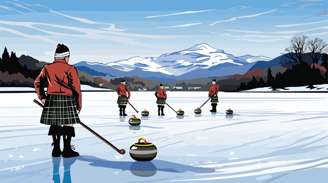 Curlers competing in an outside bonspiel on the Lak