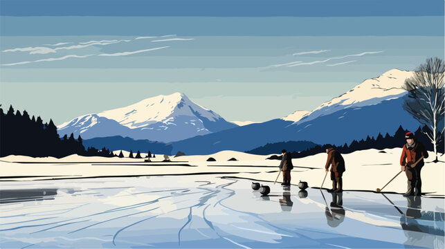 Curlers competing in an outside bonspiel on the Lak