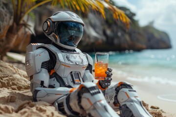 A futuristic astronaut robot in a white spacesuit relaxes with a tropical drink on a sandy beach, symbolizing leisure and technology