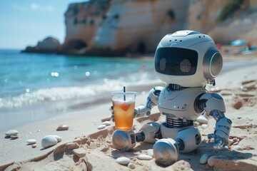 A small, adorable robot sits on a sandy beach holding a refreshing iced tea, representing harmony between nature and technology
