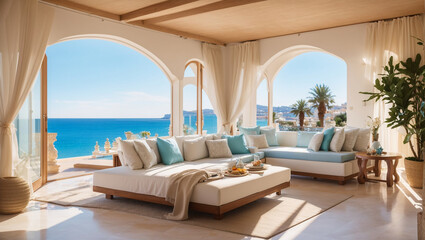 A modern living room with a view of the ocean.

