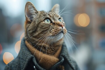 This sophisticated feline in a cozy scarf exhibits a thoughtful expression, illustrating the essence of winter wonder in the soft blur of the city lights
