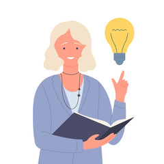 Woman with creative idea holding open book, pointing at bright light bulb vector illustration