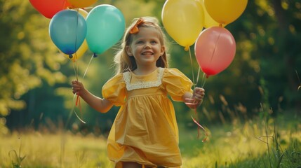 A little girl holding a bunch of colorful balloons. Perfect for birthday party invitations
