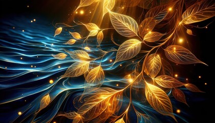 golden leaves glow as if made of delicate filaments of light, each leaf intricately veined and shimmering