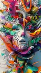 Fototapeta na wymiar A 3D rendering of a woman's face made out of colorful and abstract shapes.
