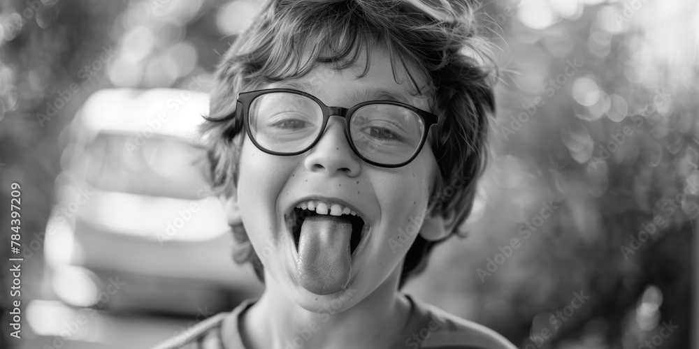 Poster a young boy wearing glasses making a silly expression. perfect for children's books or educational m