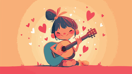 Cute Musician Chibi Girl 2d flat cartoon vactor illustration - obrazy, fototapety, plakaty
