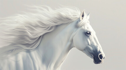A beautiful white horse with a long flowing mane is shown in profile. - obrazy, fototapety, plakaty