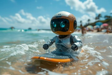 An advanced humanoid robot balancing on a surfboard in the ocean, waves surrounding it below a clear sky - obrazy, fototapety, plakaty