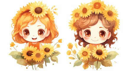 Cute Sunflower Girls Watercolor Clipart 2d flat cartoon