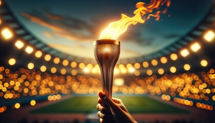 symbolic torch ablaze with a bright flame, captured in the foreground with the bokeh effect of an illuminated stadium in the background.