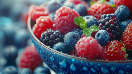 A bowl of blueberries, raspberries and strawberries with water droplets on the bowl and fruit.