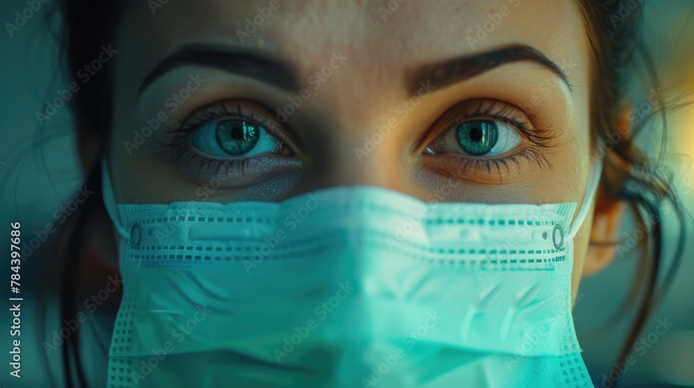 Poster a close-up of a person wearing a face mask. suitable for health and safety concepts