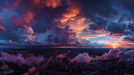 A picturesque view of a city at sunset with dramatic clouds in the sky. Suitable for various design...