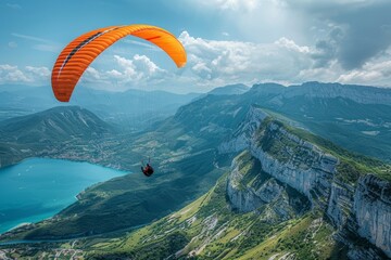 An orange parachute contrasts with a clear blue sky while flying over a stunning mountainous landscape with blue lake
