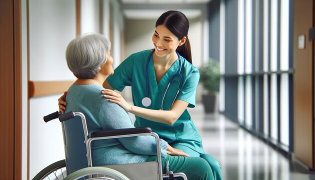 compassionate nurse in teal scrubs is assisting an elderly woman who is sitting in a modern wheelchair.