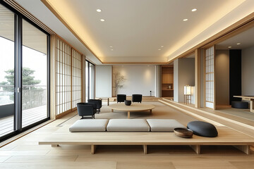 Obraz na płótnie Canvas Serene black and white living room in Tokyo, minimalist design with geometric furniture, soft morning light enhancing simplicity and space. --v 6 --q 2 --s 250 --ar 3:2