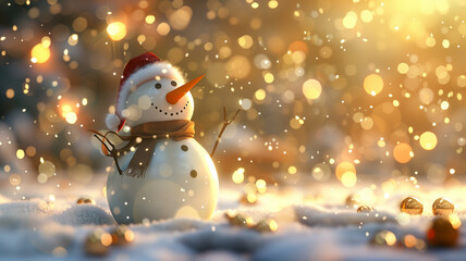 A cute snowman is standing in a snowy field, wearing a red hat and scarf. The sun is shining brightly, and the snowman is surrounded by glittering snowflakes.