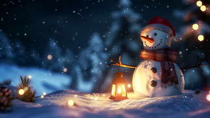 A cute snowman is standing in a snowy forest. He is wearing a red hat and a red scarf. He has a carrot for a nose and two black buttons for eyes. He is holding a lantern in his right hand. The lantern - obrazy, fototapety, plakaty