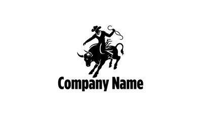 cowboy on a bull mascot logo icon in black and white and cowboy with bull silhouette icon