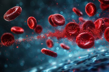 Fototapeta premium Dynamic representation of red blood cells suspended in a dark blue setting, evoking medical or biological themes