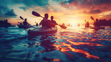 A group of people kayaking in the ocean at sunset.