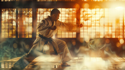 A man in a white karate gi is practicing his kata in a dojo. The sun is shining through the windows, and the man is surrounded by a soft light. The man is focused and determined, and his movements are