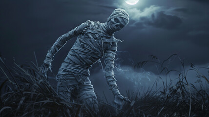 A mummy walks through a field of tall grass under a full moon.