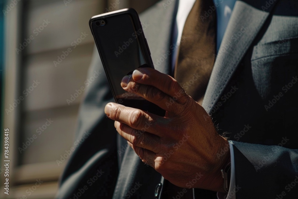 Poster close up of a person in a suit holding a cell phone. suitable for business and communication concept