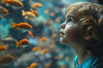 Evoke the sense of mystery and curiosity as a child's blurred shape watches swimming goldfish