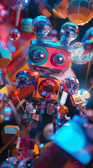 A robot made of disco balls and mirrors with a disco ball head and mirror body surrounded by floating disco balls and geometric shapes.