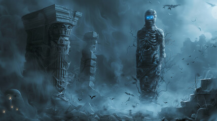 A skeletal figure stands in a ruined city, its eyes glowing blue. - obrazy, fototapety, plakaty