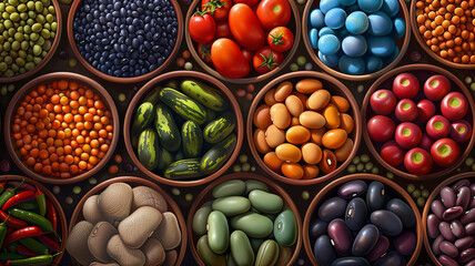 A variety of colorful vegetables and legumes in wooden bowls. - obrazy, fototapety, plakaty