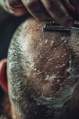 A man is seen shaving his head with a comb. Suitable for grooming or barbershop concepts
