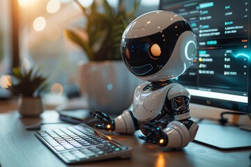 A futuristic white robot sitting and working with a computer keyboard, implying AI assistance