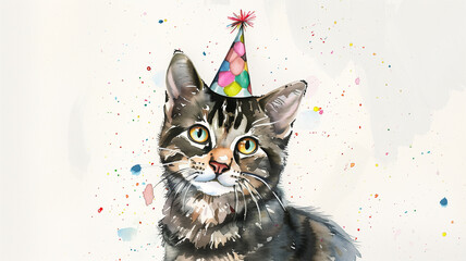 A watercolor painting of a cat wearing a birthday hat.