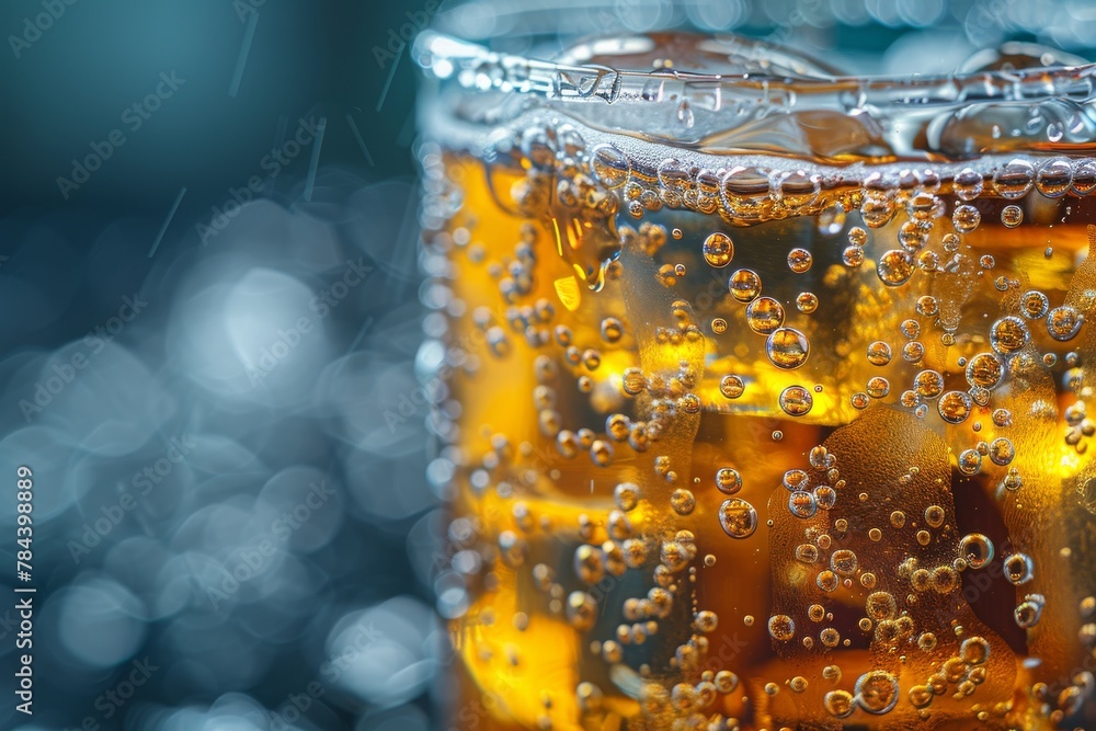 Poster A detailed macro image capturing the effervescence and refreshing look of bubbles in an amber beverage
